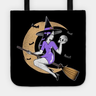 Halloween witch flying on broom Tote