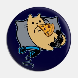 Nerdy Gamer Cat Eating Pizza Game Paused Pin