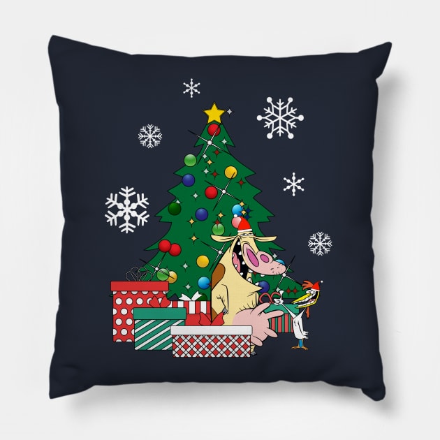 Cow And Chicken Around The Christmas Tree Pillow by Nova5