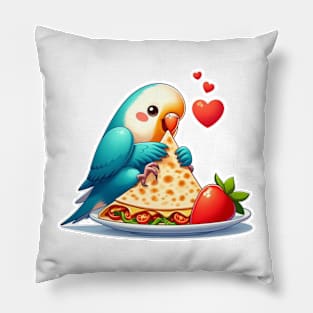 cute love birds are eating Mexican specialties, Tacos, Burritos, Enchiladas, Quesadillas, Guacamole, Fajitas, Chiles Rellenos, Tamales, Mole, Chilaquiles, Pillow