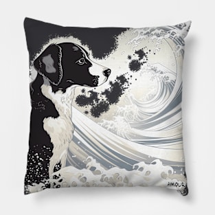 Black and white Dog in Kanagawa Waves Pillow