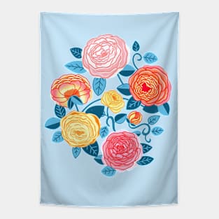 Coral, Yellow & Blue Climbing Rosa Vines Tapestry