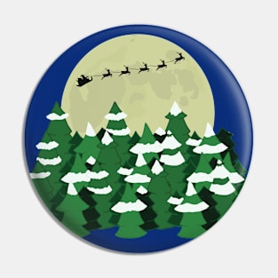 Santa Sleigh Over Rustic Christmas Trees and Full Moon 2 Pin