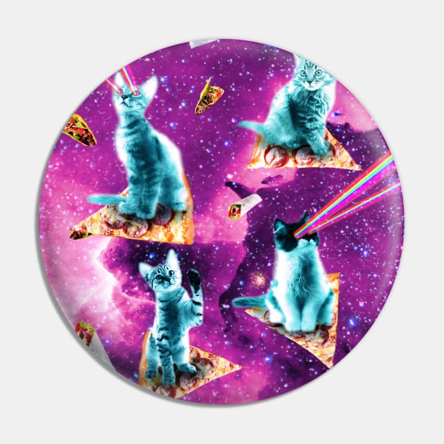 Outer Space Cats With Rainbow Laser Eyes Riding On Pizza Pin by Random Galaxy