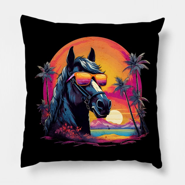 Retro Wave Friesian Horse Pillow by Miami Neon Designs