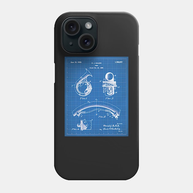 Brass Band Horn Patent - Musician Wind Instrument Art - Blueprint Phone Case by patentpress