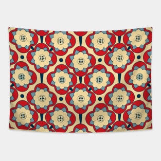 Geometric Water Lily Flowers on Red and Blue Tapestry