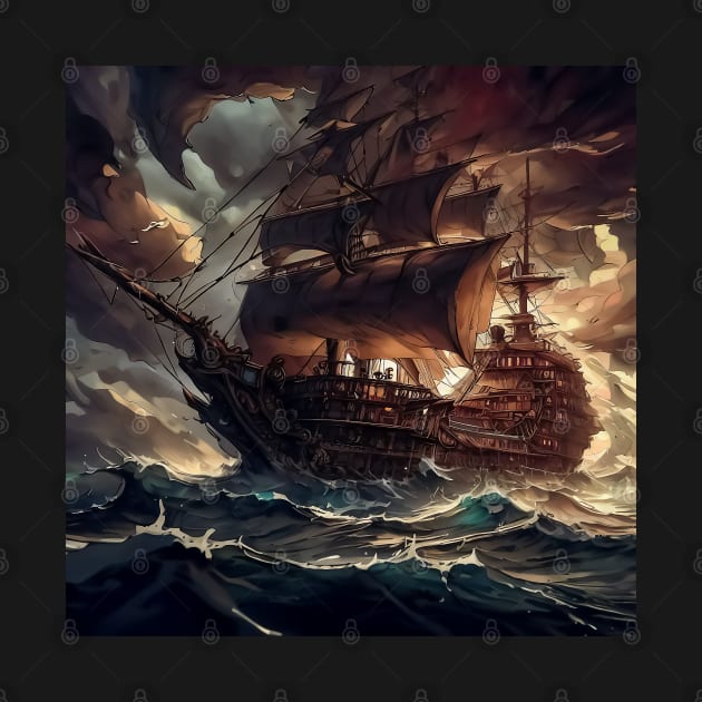 Galleon ship at sea during storm by TomFrontierArt