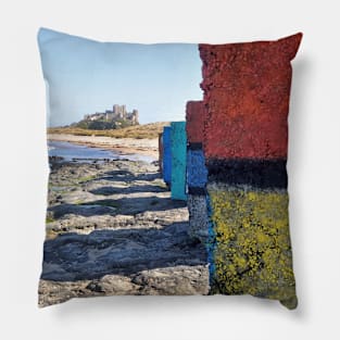 WW2 beach defences painted as Rubic Cubes - Bamburgh, Northumberland, UK Pillow