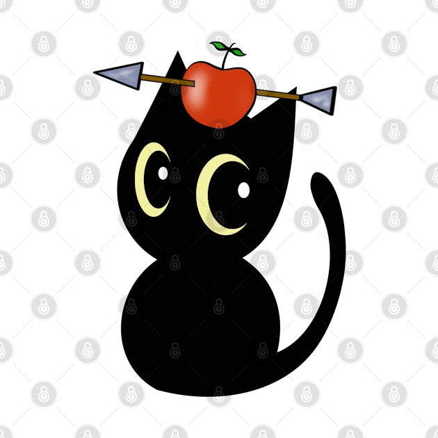 Funny Black cat is playing william tell with an apple and arrow by Pet Station