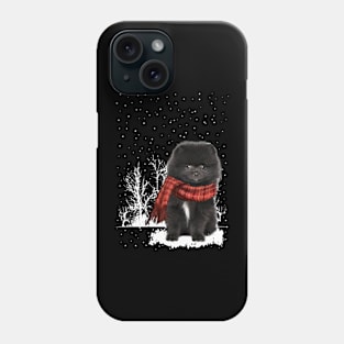 Christmas Black Pomeranian With Scarf In Winter Forest Phone Case