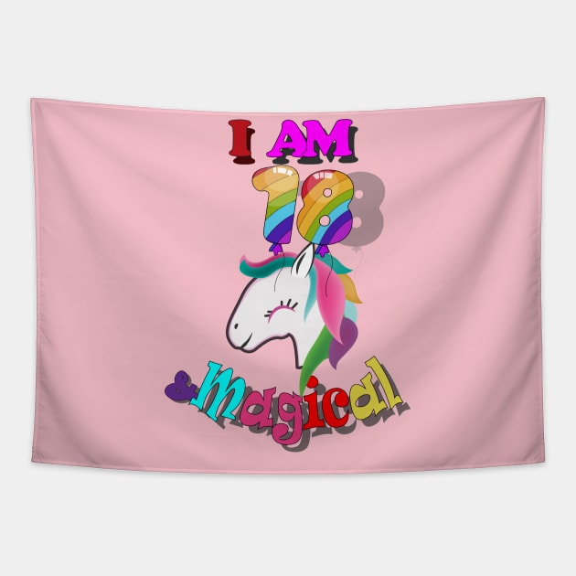 unicorn 18th birthday: I am 18 and magical Tapestry by bratshirt