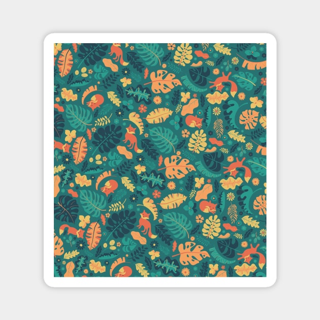 Foxes in a Colorful Jungle With Flowers -  Full Pattern Magnet by zorrorojo