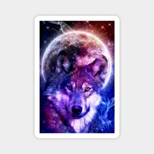 Mystical Wolf Face in Front of the Moon and galaxy Magnet