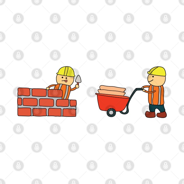 Kids drawing vector Illustration of construction workers building a brick wall and pushing wheelbarrow by wordspotrayal