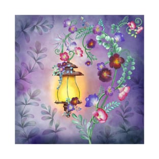 Old streetlight with flowers ornamental decoration. Fairy night garden watercolor illustration. Colorful fantasy scenery T-Shirt