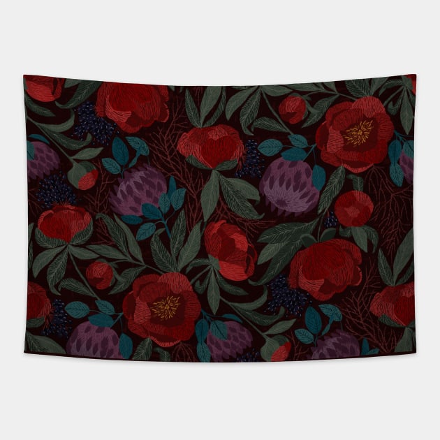 Peony burgundy dark Tapestry by DenesAnnaDesign