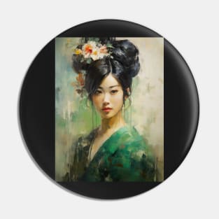 Japanese Girl in Green With Flowers in Her Hair Pin