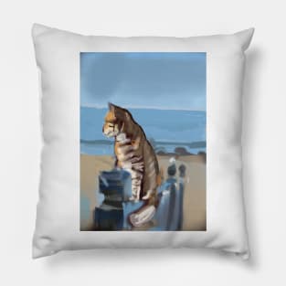 A  ginger cat looking at the ocean Pillow
