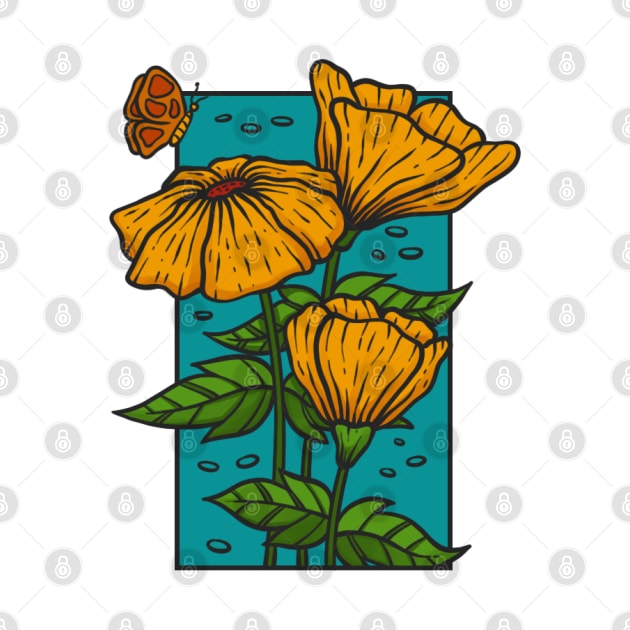 Vintage yellow flower doodle with butterfly illustration by Wahyuwm48