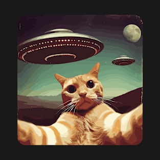 Funny Cat In Space Selfie With UFOs Behind T-Shirt