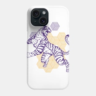 Retro Purple & Gold Tiger on the Attack // Vintage Geometric Shapes Background Phone Case