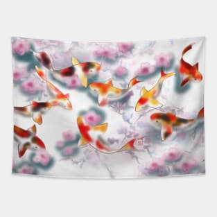 Sakura and koi carp in white water Tapestry