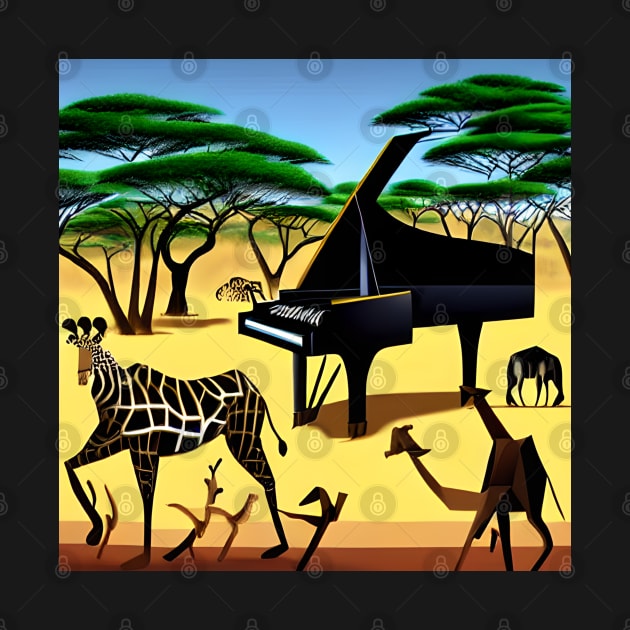 A Piano Inside An African Safari Park With Animals Dancing Around It. by Musical Art By Andrew