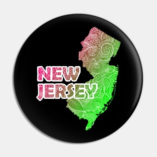 Colorful mandala art map of New Jersey with text in pink and green Pin