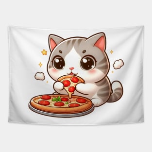 cute cat fat eat pizza slice cartoon illustration Tapestry