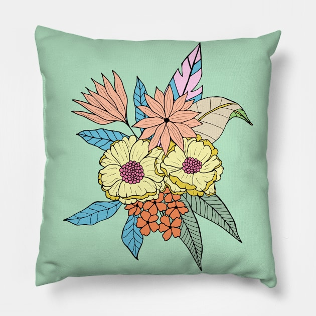 Colorful tropical flowers in green Pillow by Natalisa