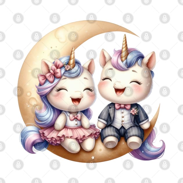 Valentine Happy Unicorn Couple On Moon by Chromatic Fusion Studio