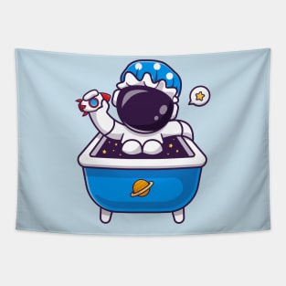 Cute Astronaut playing Rocket Toy In Bath Tub Cartoon Tapestry