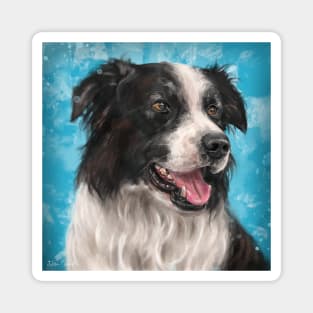 Painting of a Smiling Black and White Border Collie Dog on a Blue Background Magnet