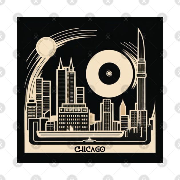 Chicago City Skyline Retro Vinyl Record Graphic by musicgeniusart