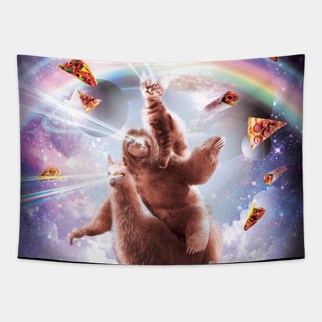 Laser Eyes Space Cat Riding Sloth, Llama - Rainbow Tapestry by Random Galaxy