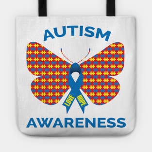 Autism Awareness Puzzle Piece Butterfly Ribbon Tote