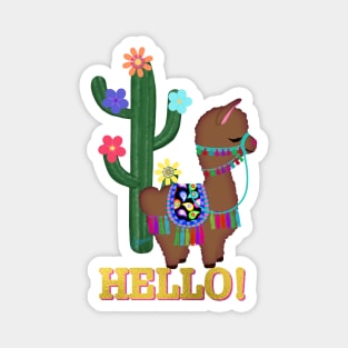 HELLO! Cute Little Brown Llama and Cactus | Cherie's Art(c)2021 Magnet