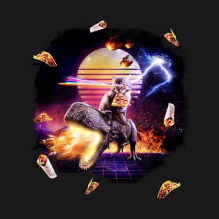 Synthwave Cat Riding Dinosaur T-Shirt