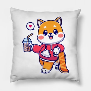 Adorable kitty enjoying boba tea Pillow