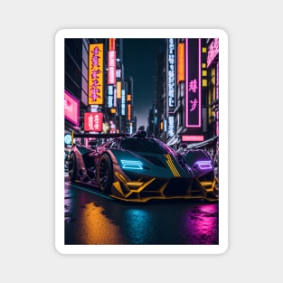 Dark Neon Sports Car in Japanese Neon City Magnet