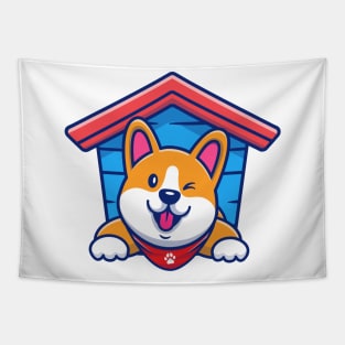 Cute Corgi In Doghouse Tapestry