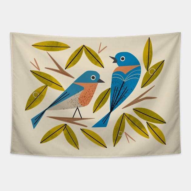 Midcentury Bluebird Pair Tapestry by Renea L Thull