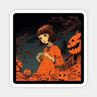 Halloween Girl in orange dress with Pumpkin Magnet