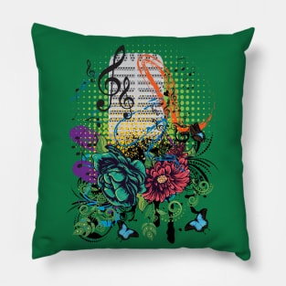 Vintage Microphone Grunge with floral and musicnotes Pillow