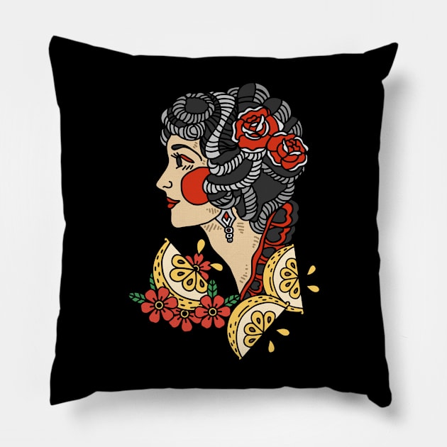 Traditional Tattoo Lemon - Tattoo Girl Pillow by TopKnotDesign