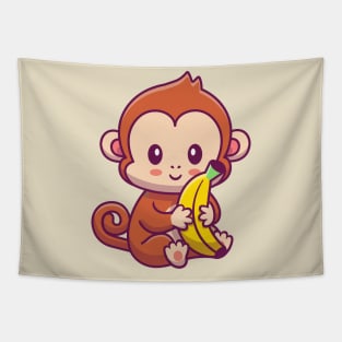 Cute Monkey Holding Banana Cartoon Tapestry