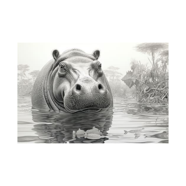 Hippopotamus Animal Predator Wild Nature Ink Sketch Style by Cubebox