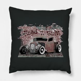 Rusty Rat Rod Pickup with skull emblem and brick backdrop Pillow