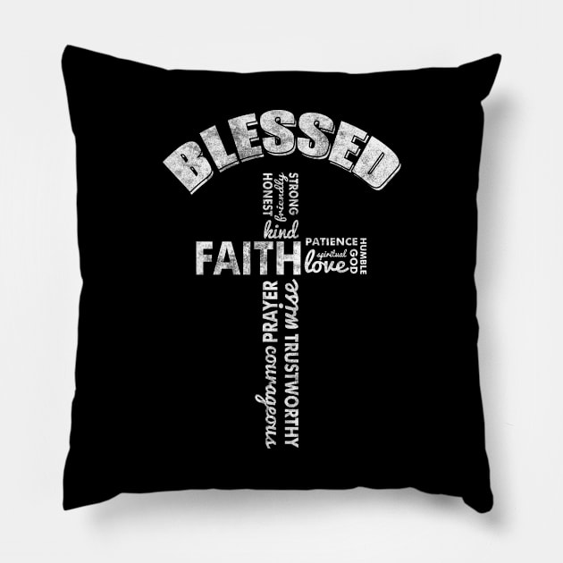 Blessed Christian Cross Word Cloud Design Pillow by TeeShirt_Expressive